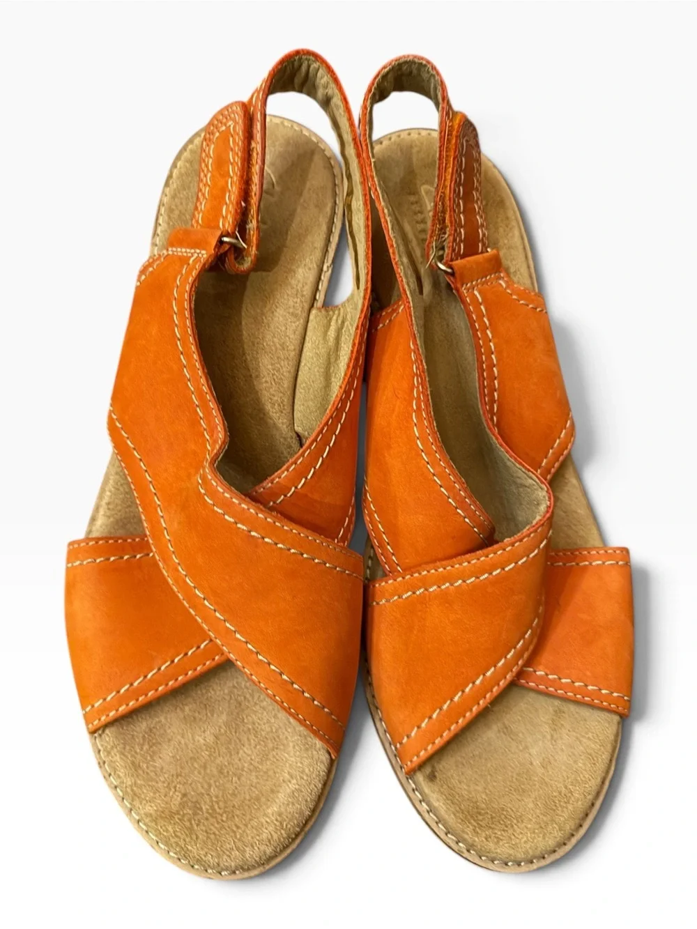 Clarks Artisan Orange Nubuck Leather Cork Wedge Sandals Size 10